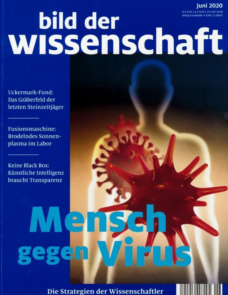 Blick auf das Cover der Ausgabe von bild der wissenschaft, in der der Artikel "Die Jagd nach dem Impfpstoff" von Frank Frick erschienen ist